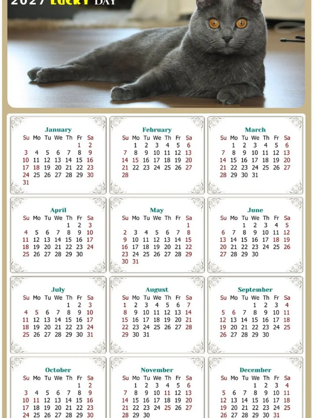 2027 Magnetic Calendar - Today is my Lucky Day - Cat Themed 014 (7 x 10.5)
